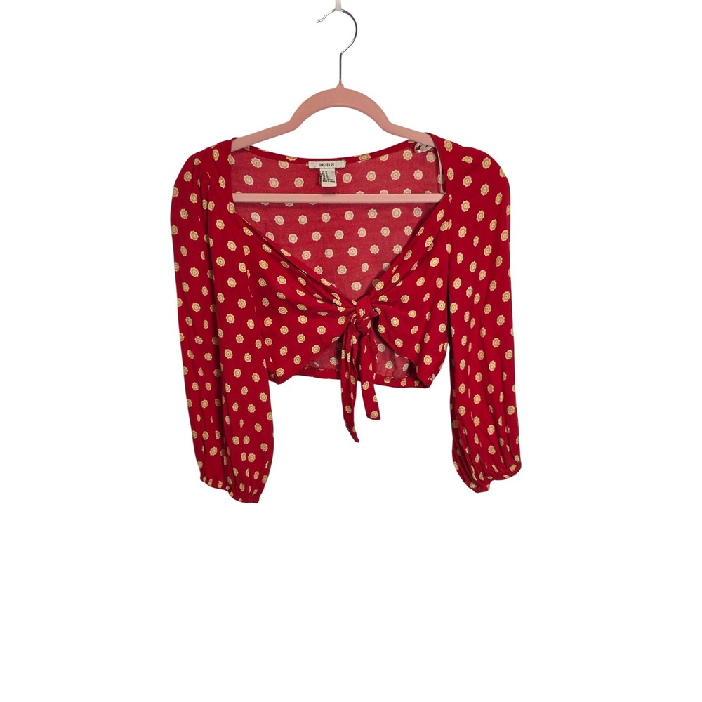Forever 21 Red Floral Tie Front Crop Top Long Sleeve V-Neck Blouse Womens Medium